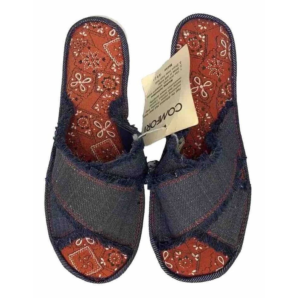 NEW Vintage Frayed Denim Washable Slide Slipper Sandals Red Bandana Insole 6/6.5